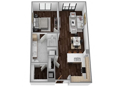 Floor plan for 1 bed, 1 bath, 633 sqft