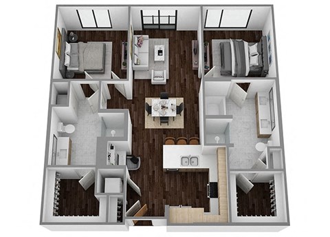 Floor plan for 2 beds, 2 baths, 1077 sqft