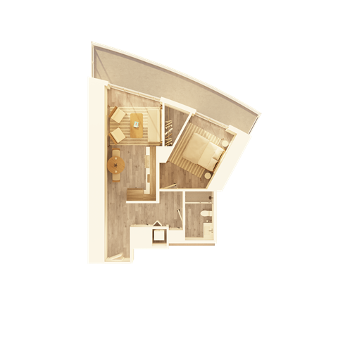 Floor plan for 1 bed, 1 bath, 670 sqft