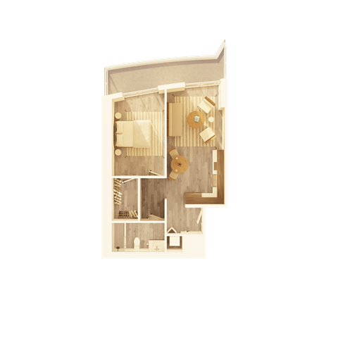 Floor plan for 1 bed, 1 bath, 671 sqft