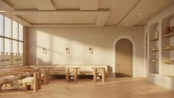 Miami apartment for rent - A modern living room with a large window and a wooden floor.