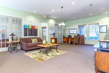 Dallas apartment for rent - A living room with a brown couch and a rug.