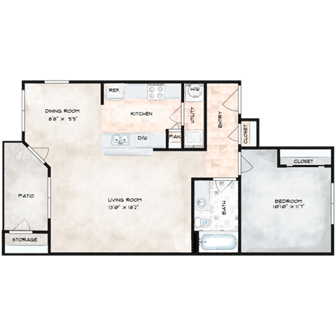 Floor plan for 1 bed, 1 bath, 750 sqft