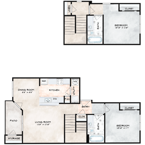 Floor plan for 2 beds, 2 baths, 1070 sqft