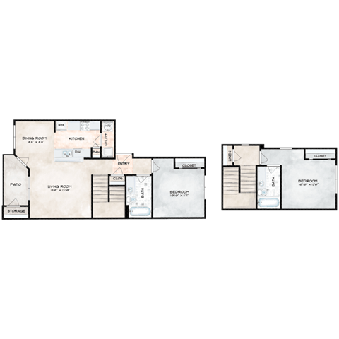 Floor plan for 2 beds, 2 baths, 1070 sqft