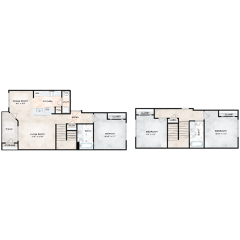 Floor plan for 3 beds, 2 baths, 1250 sqft