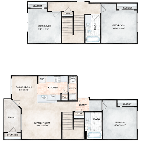 Floor plan for 3 beds, 2 baths, 1250 sqft