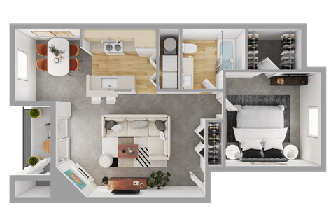 Floor plan for 1 bed, 1 bath, 755 sqft