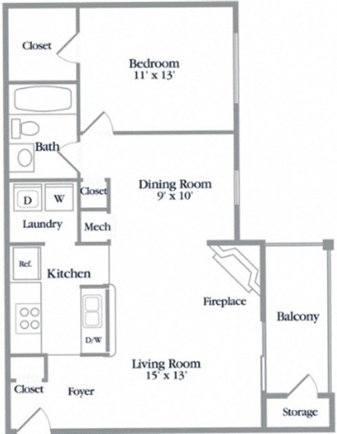 Floor plan for 1 bed, 1 bath, 787 sqft