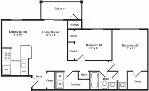 Floor plan for 2 beds, 1 bath, 916 sqft