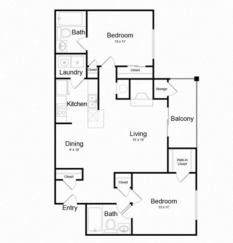 Floor plan for 2 beds, 2 baths, 1103 sqft