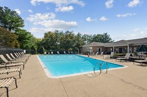 Gaithersburg apartment for rent - A large outdoor swimming pool surrounded by lounge chairs at Elme Watkins Mill, Gaithersburg