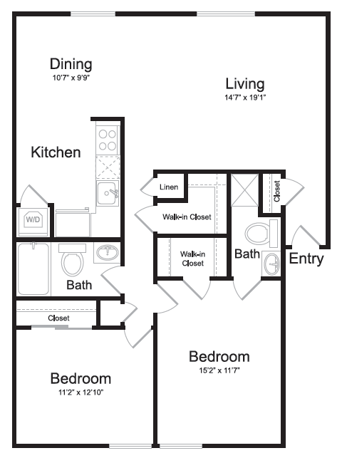 Floor plan for 2 beds, 2 baths, 1122 sqft