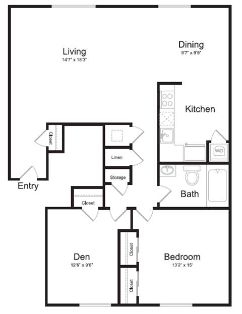 Floor plan for 1 bed, 1 bath, 930 sqft