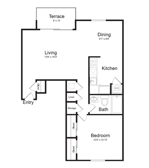 Floor plan for 1 bed, 1 bath, 835 sqft