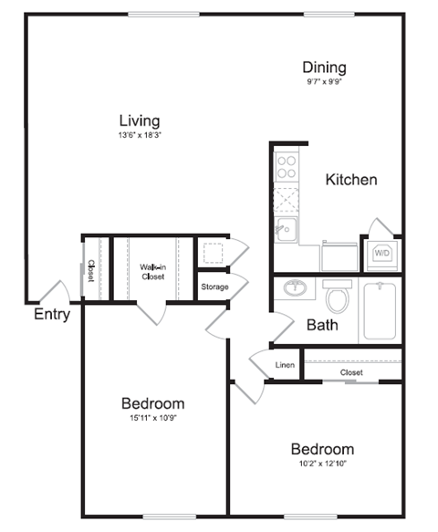 Floor plan for 2 beds, 1 bath, 1038 sqft