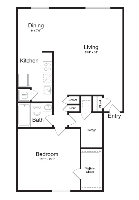 Floor plan for 1 bed, 1 bath, 736 sqft