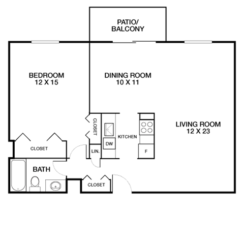 Floor plan for 1 bed, 1 bath, 800 sqft