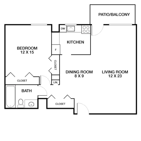Floor plan for 1 bed, 1 bath, 800 sqft