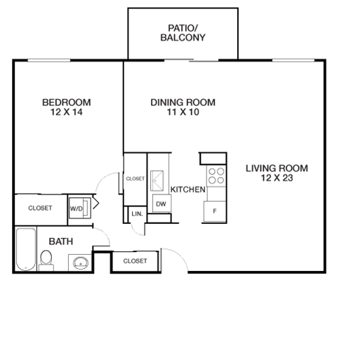 Floor plan for 1 bed, 1 bath, 800 sqft