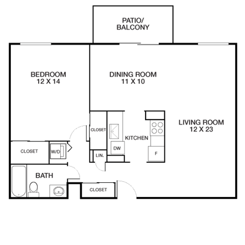 Floor plan for 1 bed, 1 bath, 800 sqft