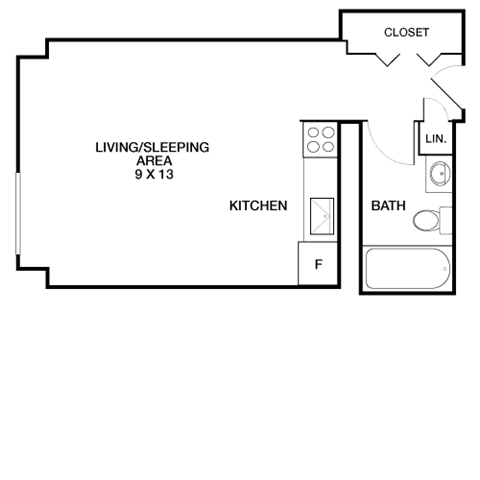 Floor plan for studio, 1 bath, 300 sqft