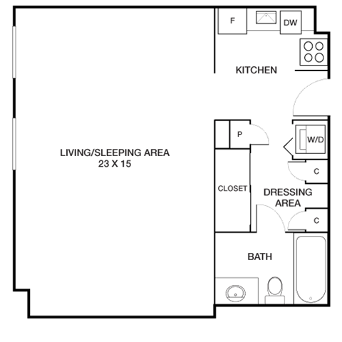Floor plan for studio, 1 bath, 530 sqft