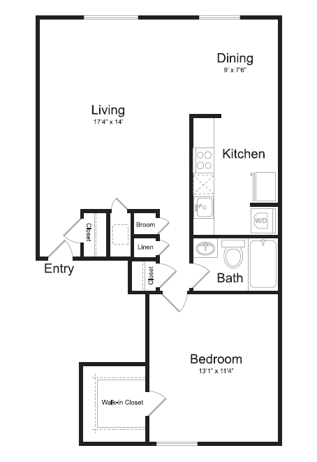 Floor plan for 1 bed, 1 bath, 725 sqft