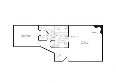 Floor plan for 1 bed, 1 bath, 965 sqft