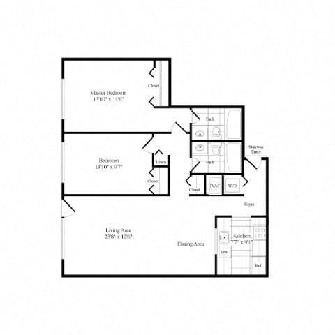 Floor plan for 2 beds, 2 baths, 988 sqft