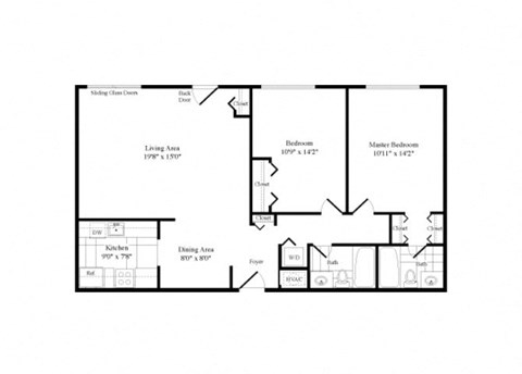 Floor plan for 2 beds, 2 baths, 1100 sqft