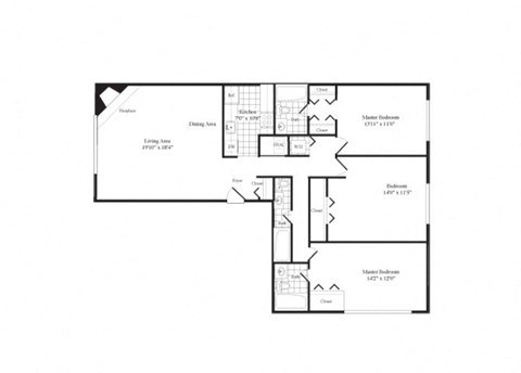 Floor plan for 3 beds, 3 baths, 1365 sqft