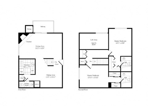 Floor plan for 2 beds, 2.5 baths, 1341 sqft