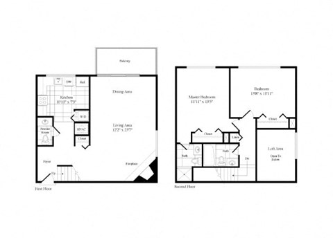 Floor plan for 2 beds, 2.5 baths, 1309 sqft