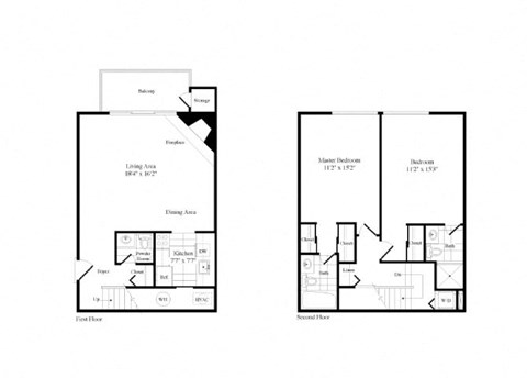 Floor plan for 2 beds, 2.5 baths, 1111 sqft