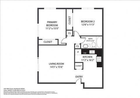 Floor plan for 2 beds, 1 bath, 972 sqft