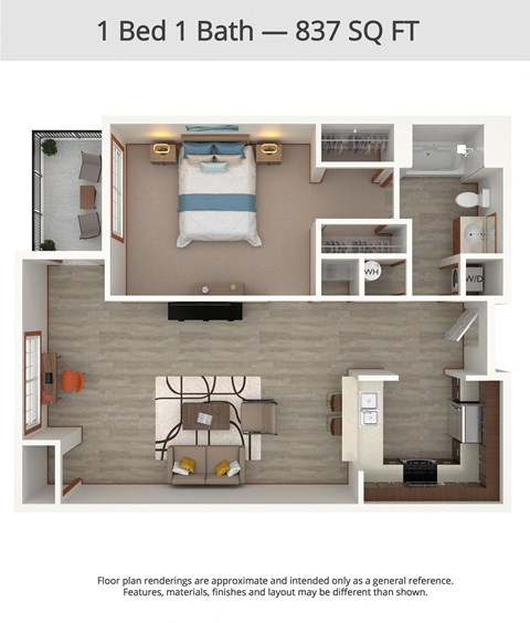 Floor plan for 1 bed, 1 bath, 837 sqft