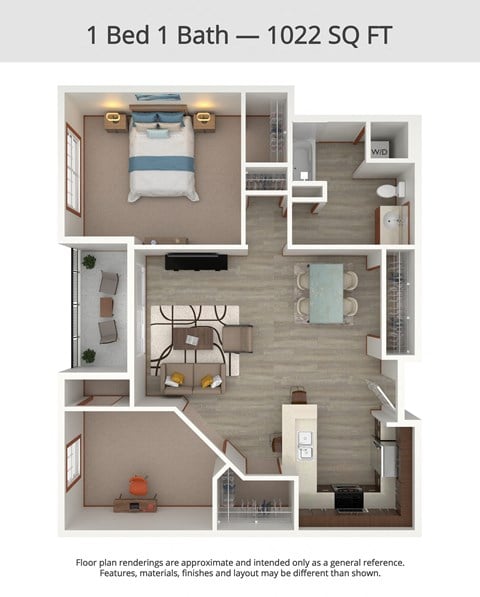 Floor plan for 1 bed, 1 bath, 1022 sqft