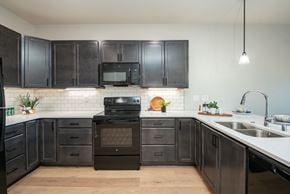 Brookfield apartment for rent - A kitchen with black cabinets and a black oven.