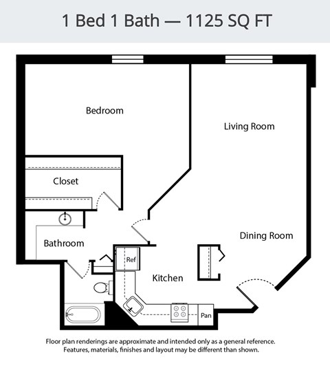 Floor plan for 1 bed, 1 bath, 1125 sqft