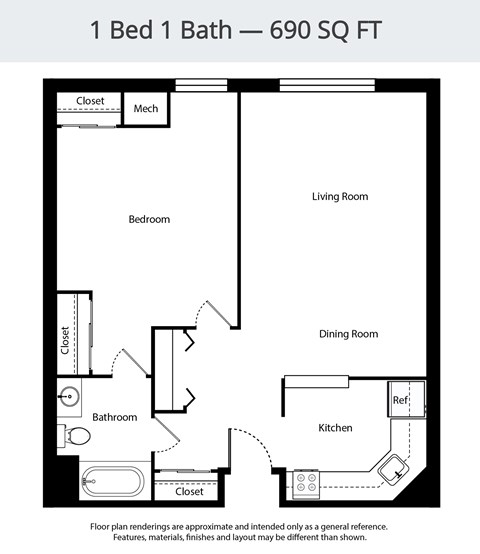 Floor plan for 1 bed, 1 bath, 690 sqft