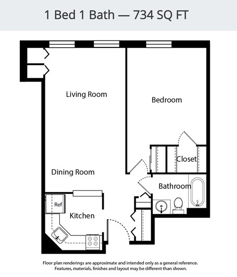 Floor plan for 1 bed, 1 bath, 734 sqft