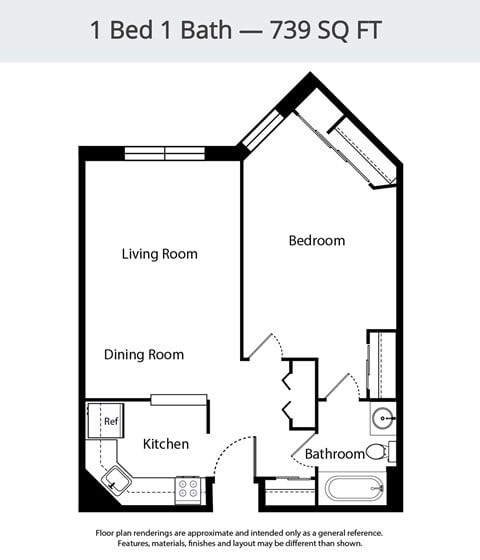 Floor plan for 1 bed, 1 bath, 739 sqft
