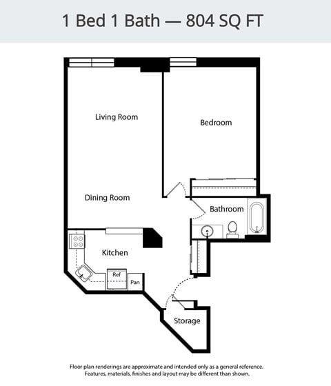 Floor plan for 1 bed, 1 bath, 804 sqft