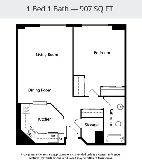 Floor plan for 1 bed, 1 bath, 907 sqft