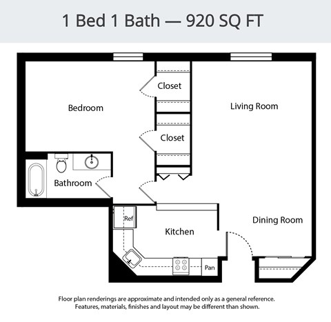 Floor plan for 1 bed, 1 bath, 920 sqft