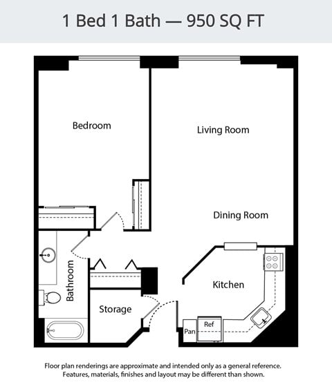 Floor plan for 1 bed, 1 bath, 950 sqft