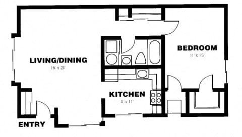 Floor plan for 1 bed, 1 bath, 850 sqft