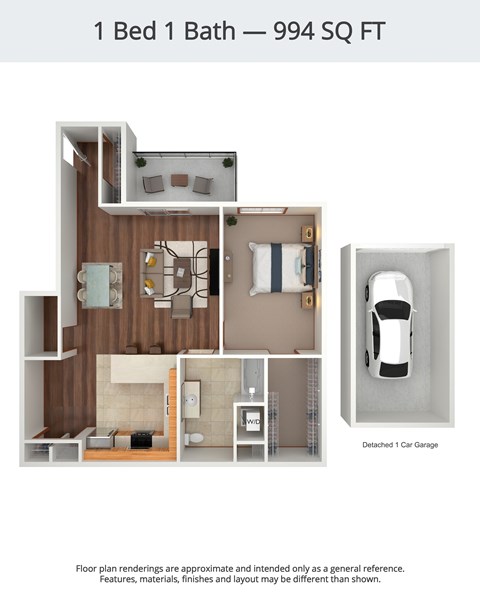 Floor plan for 1 bed, 1 bath, 994 sqft
