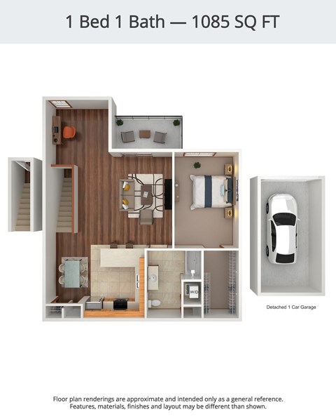 Floor plan for 1 bed, 1 bath, 1085 sqft